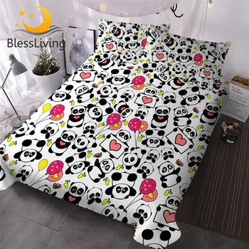 BlessLiving Pandas Bedding Set Queen Size Cartoon Duvet Cover for Kids Snow Christmas Tree Home Textiles Animal Bedclothes 3pcs 1