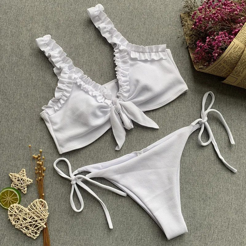 

WILK new swimsuit female pure color bikini swimsuit falbala swimsuit bikini swimsuit flowers