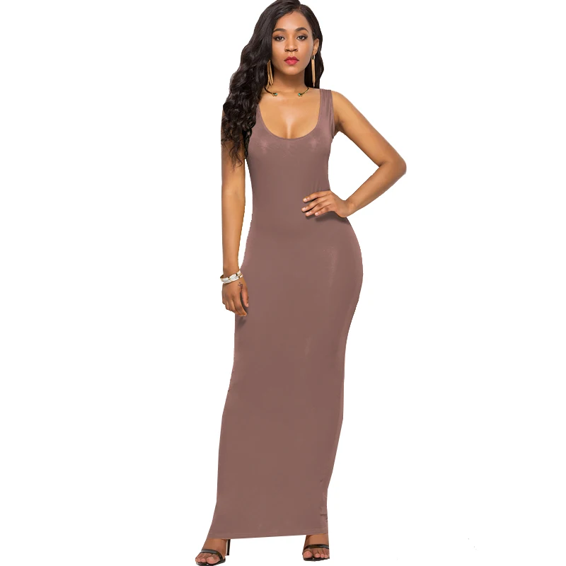 

Solid Color Dress Women Sleeveless Long Slim Fit Low Cut Vestidos Female Casual Summer Clothing