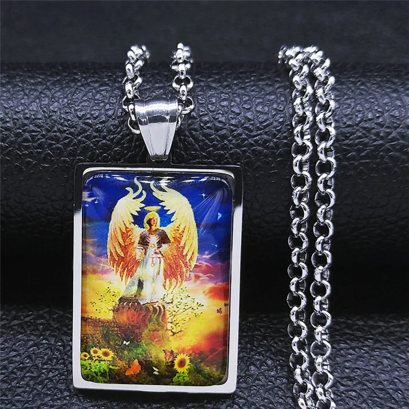 

Archangel St.Michael Protect Me Stainless Steel Glass Silver Color Geometry Chain Necklaces Women/Men Jewelry joyeria NJ54S05