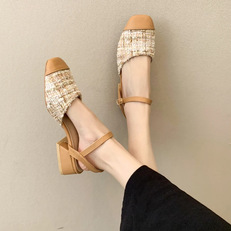 

Block Heels 2021 Sandals Square Toe Ladies Shoes Summer All-Match Espadrilles Platform Med Suit Female Beige Chunky New Fashion
