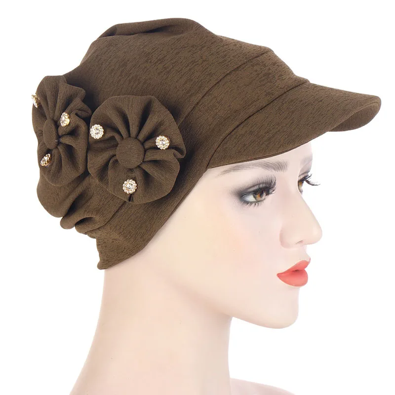 

2021 New Fashion Women's Turban Hat with Brim Flowers Head Wraps Muslim Turban Hijab Cap Female Casual Cap Chemo Cancer Hats