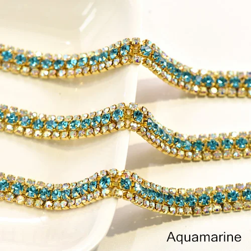 Aquamarine 3 ряда 1 ярд стразы Кубок цепи с золотой коготь красочные Стекло Strass Rhinetones обрезки Швейные Ремесло украшения Y2286 - Цвет: Aquamarine