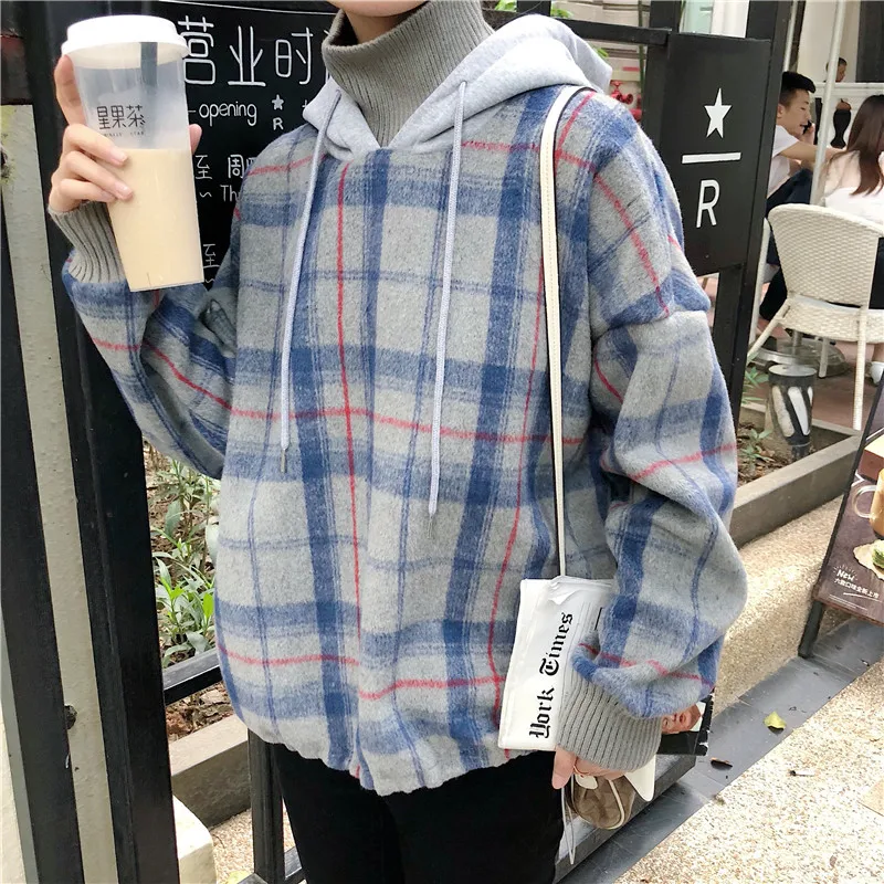 

Korean High-Neck Women'S Sweatshirt Stitching Plaid Hoodie High-Quality Comfortable Wool Casual Retro Bubble Sleeve Jacket