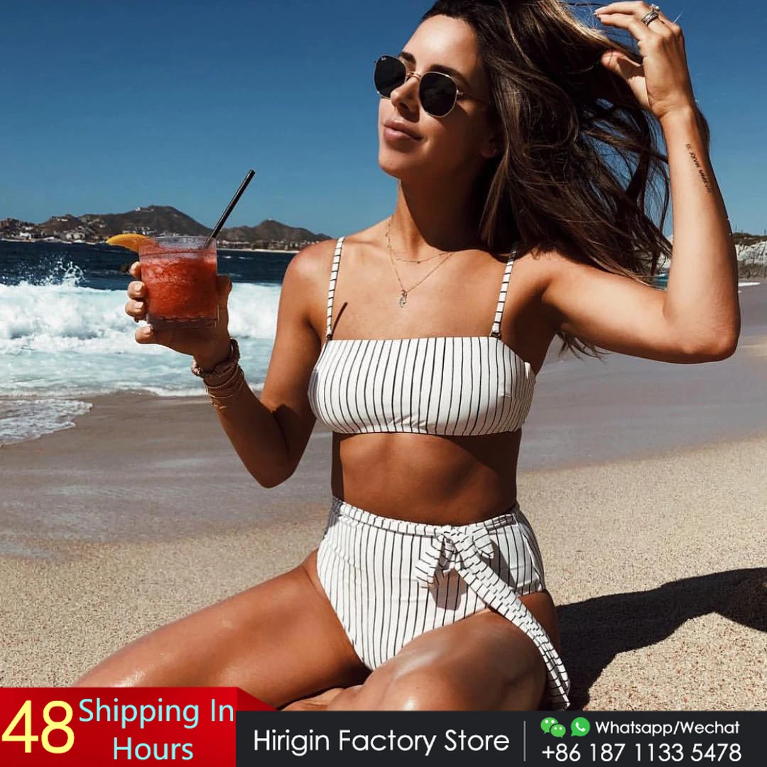 

Hirigin Sexy Bandage Swimwear Bikini Set Women 2019 High Waist Stripes Women Bathing Suit Beachwear Swimsuit Removable Strapes
