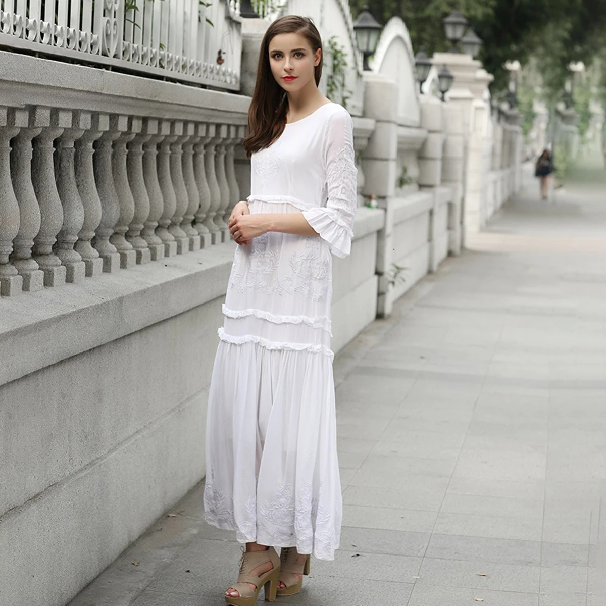 Boho, красное, белое, с вышивкой, макси платье, для женщин, осень, лето, с оборками, элегантные платья,, для девушек, одноцветное, хиппи, Пляжное, длинное платье