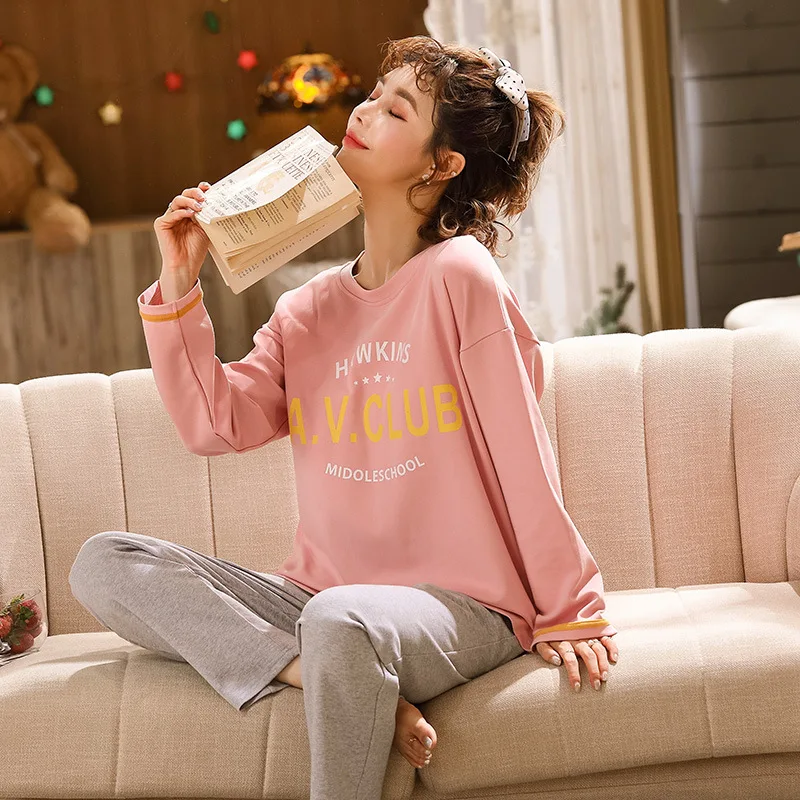 Women Pajamas Set 100% Full Cotton Sleepwear Sets Pattern Long Sleeve + Long Pants Home Wear Lazy Style Lady Underwear Pijamas