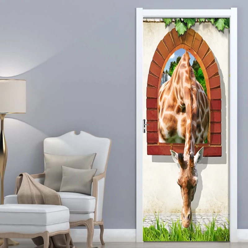 3D кирпичная стена за пределами двери жирафа Наклейка ПВХ самоклеящаяся дверь