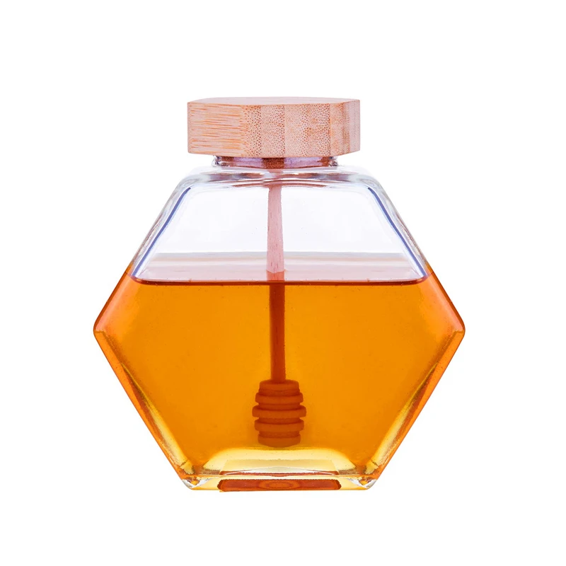 

X40 Honey Pot 380ml Honey Weight Hexagonal Glass Honey Jar with Wooden Dipper Cork Lid Cover for Home Kitchen