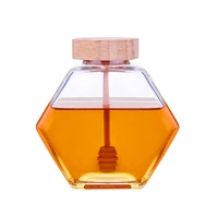 x60 honey pot 220ml8oz volume 12oz honey weight hexagonal glass honey jar with wooden dipper cork lid cover for home kitchen