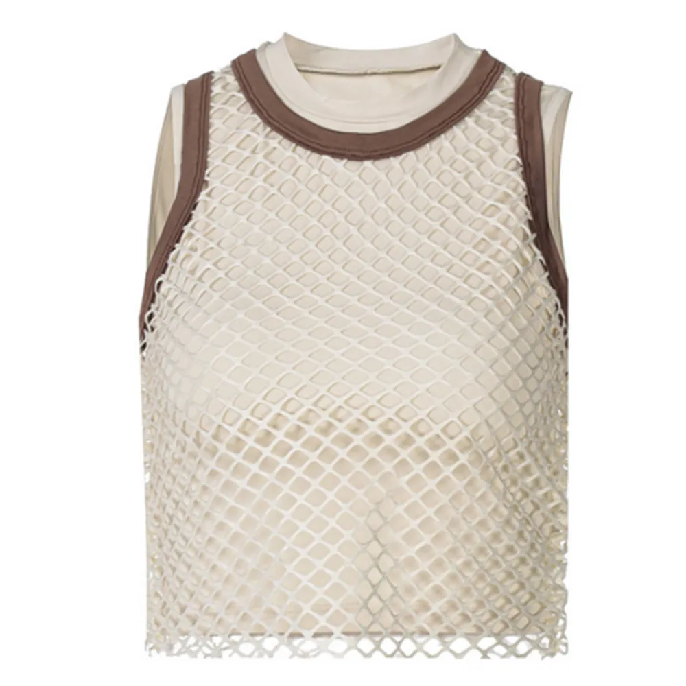 

Women Sleeveless Round Collar Personality Hollowed-out Mesh Vest Slim Two-piece Set