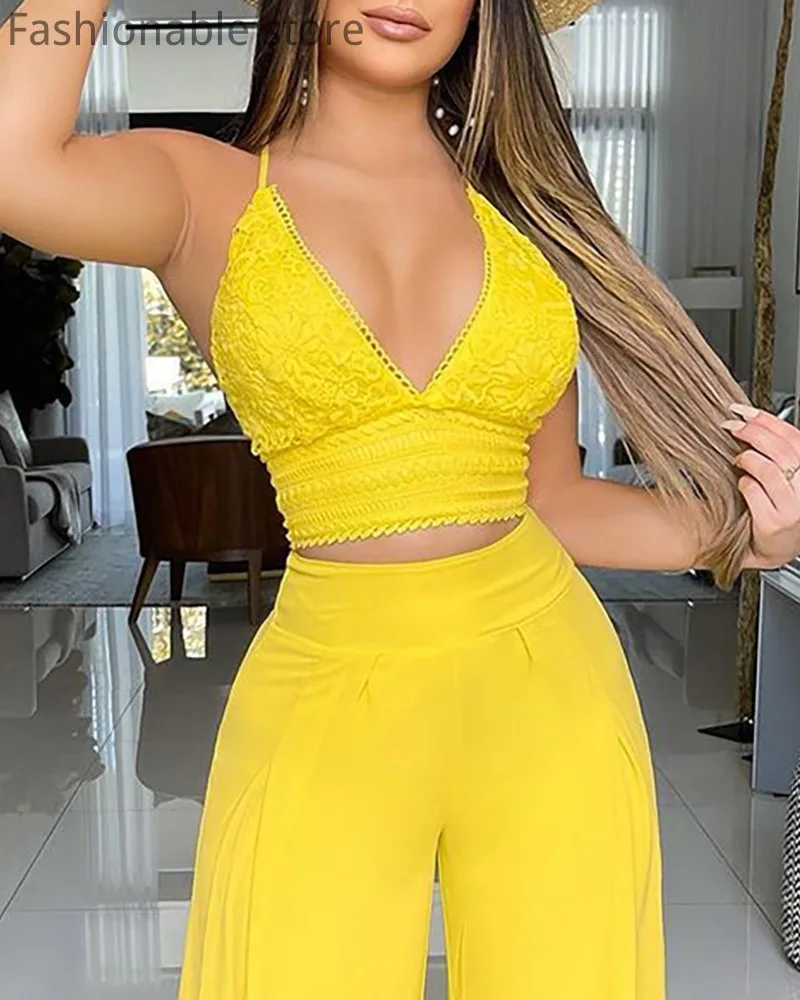 

Women Solid Color Crochet Lace Halter Crop Top & High Waist Wide Leg Pants Set