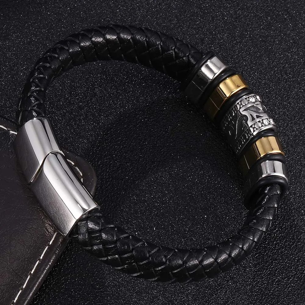 Мужской браслет из нержавеющей стали черный кожаный плетеный вручную аксессуар