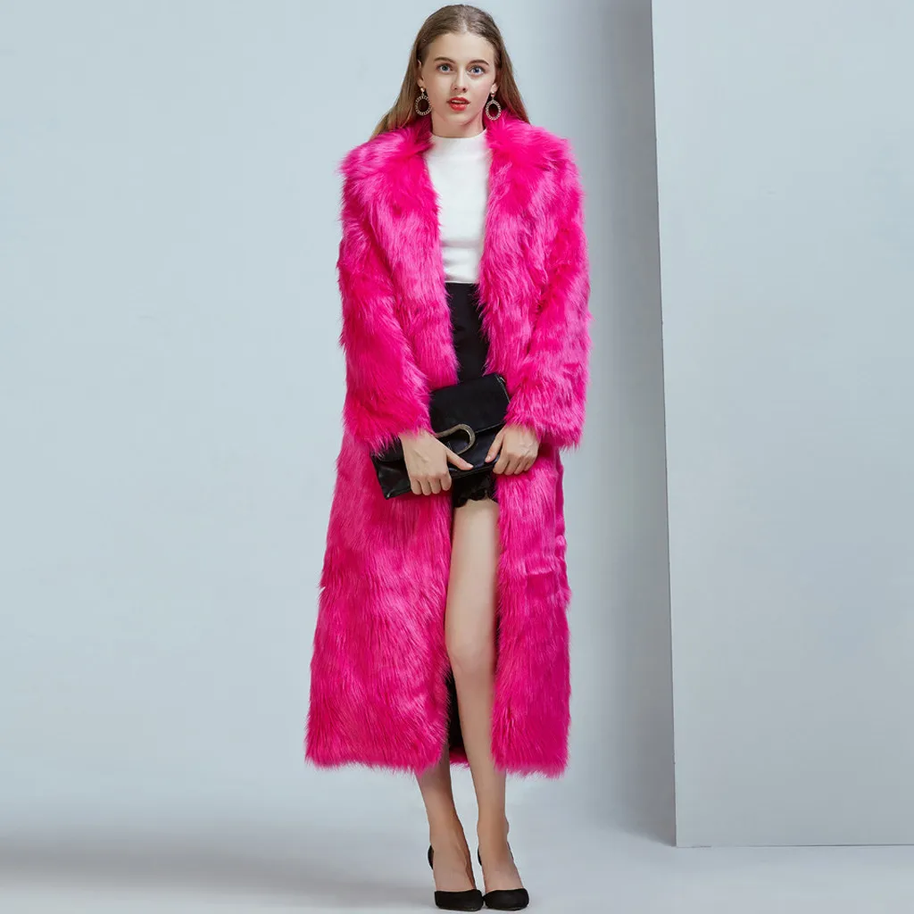 Ladies Faux Fur Wool Lamb Long Coat Fashion Women Outwear Long Sleeves Warm Coat Plush Jacket Long Overcoat Solid Plus Size