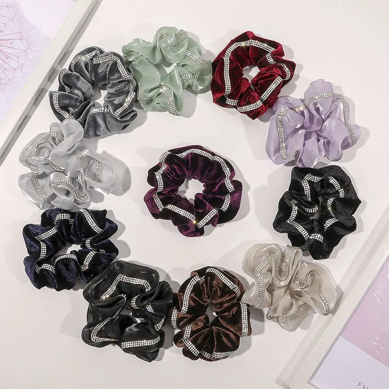 

New Silk Velvet Hair Scrunchies Shiny Crystal Elastic Hair Bands Ponytail Holders Rhinestone Hair Ties Girls Hair Accessories
