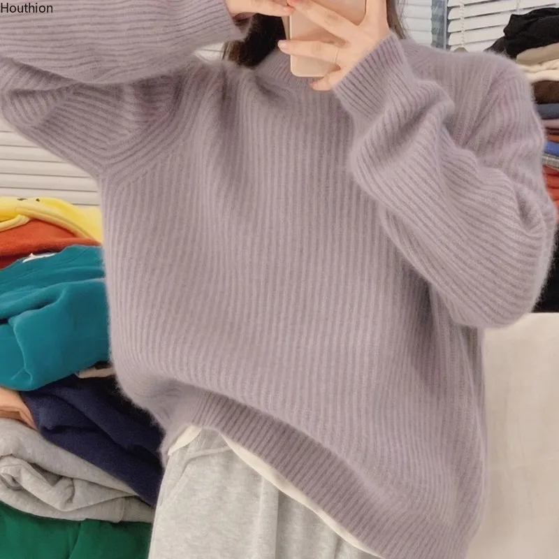 

Spring Autumn New Women's Sweater O Collar Long Sleeve Tops Solid Color Loose Knitting Hedging Comfortable Casual Fashion