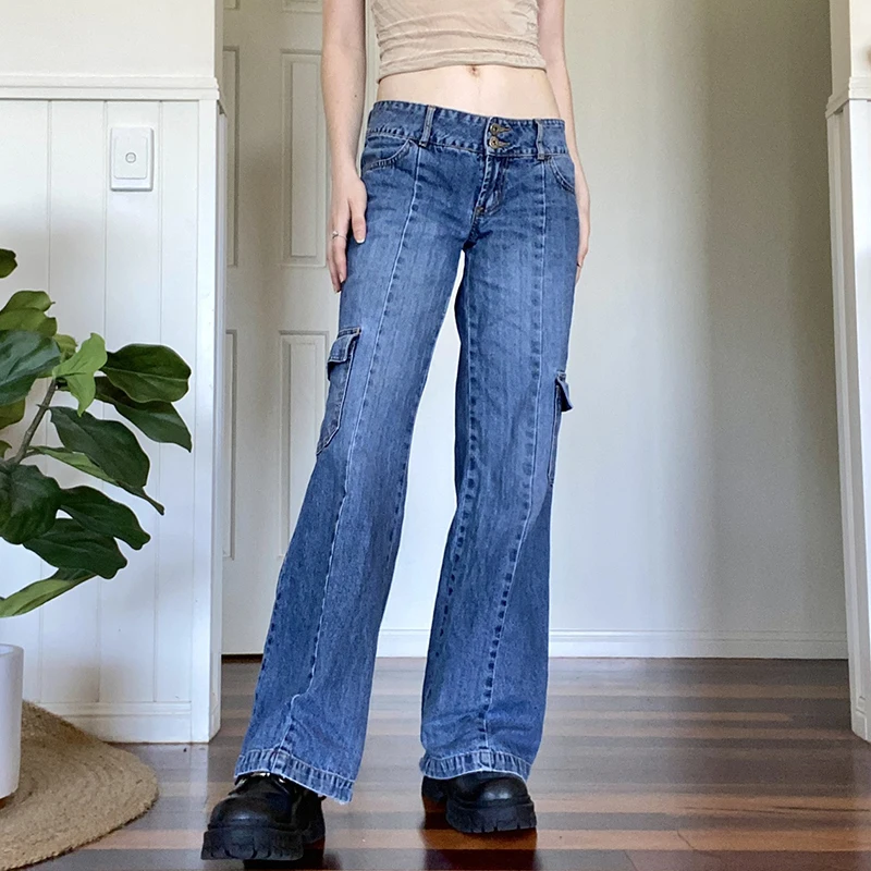 

Sunny y.j. Patchwork Low Waist Baggy Jeans Blue Big Pockets Streetwear Cargo Pants Straight Leg Mom Jeans Cargo Women Vintage