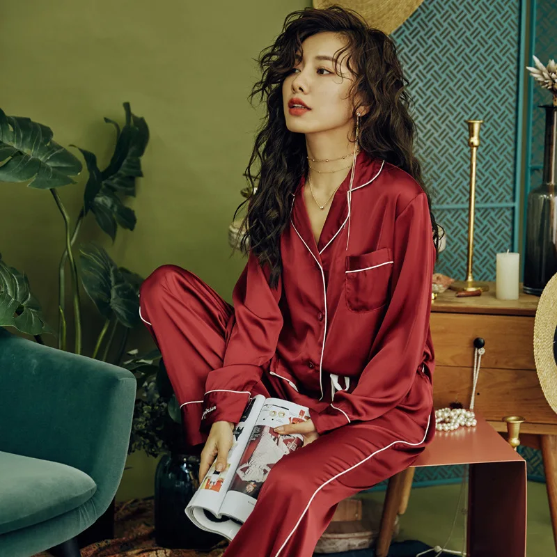 

Casual Home Clothes Satin Sleepwear Women Solid Blue Nightwear Pijamas Silky 2PCS Shirt&Pants Pajamas Suit Kimono Bathrobe Gown