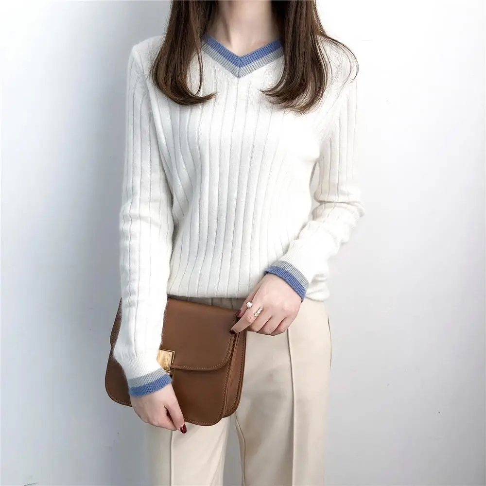 

2020 Autumn Winter New Cashmere Sweater Woman V-neck Loose Pullover Patchwork Long Sleeve Kintted Fashion Female Casual Tops