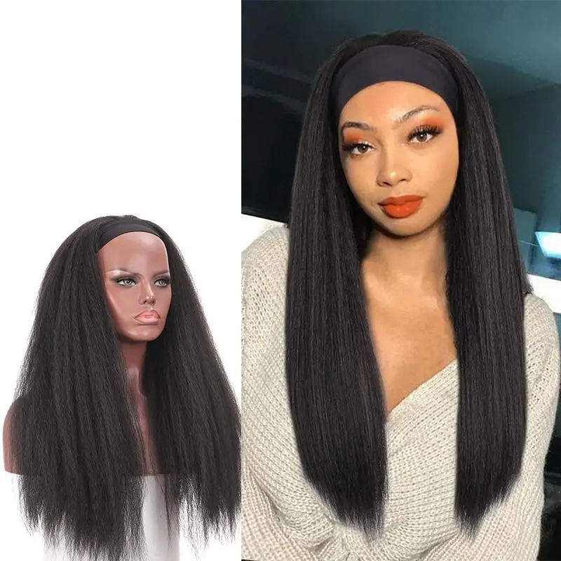 

NC Synthetic Hair Women's Headband Wig Kinky Straight Headband Wig Heat Resistant Fiber Glueless Wigs For Women Black Wigs