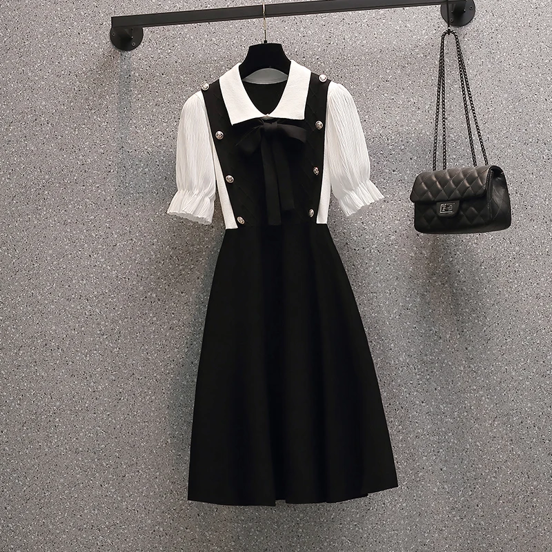 

M-4XL plus size women elegant Office Summer sweater dresses 2021 short sleeve Patchwork button kintting thin short dress