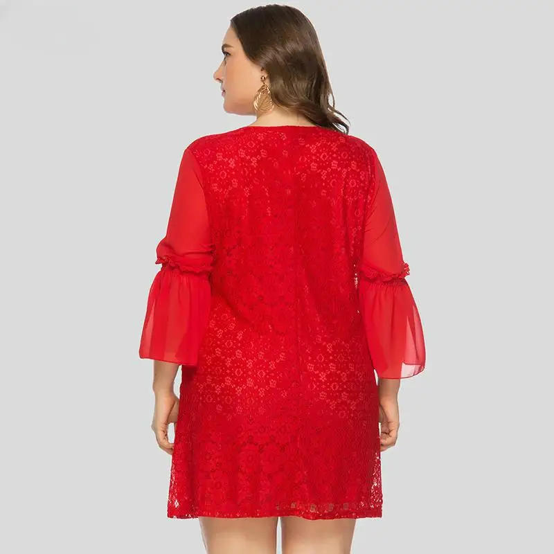 

4XL 5XL 2020 Spring Large Size Women Lace Dress New Female Flare Sleeve Mini Red Lace Dress Elegant Plus size Short Party Dress