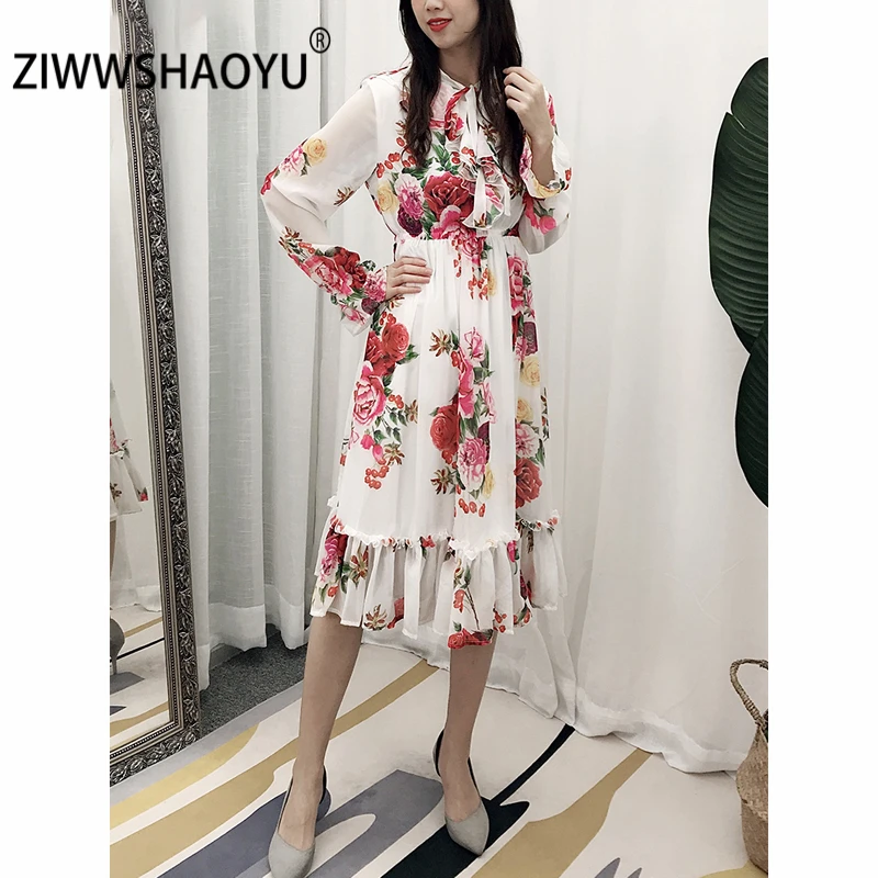 

ZIWWSHAOYU Female Fashion Spring Vintage Midi Dress Women's Flare Sleeve Ruffles Floral Print Elasticated Waist Vacation Dresses