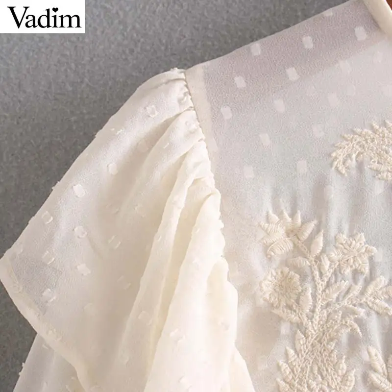 Vadim women casual embroidery beige blouse ruffles pleated long sleeve oversized style female stylish tops blusas mujer LB441