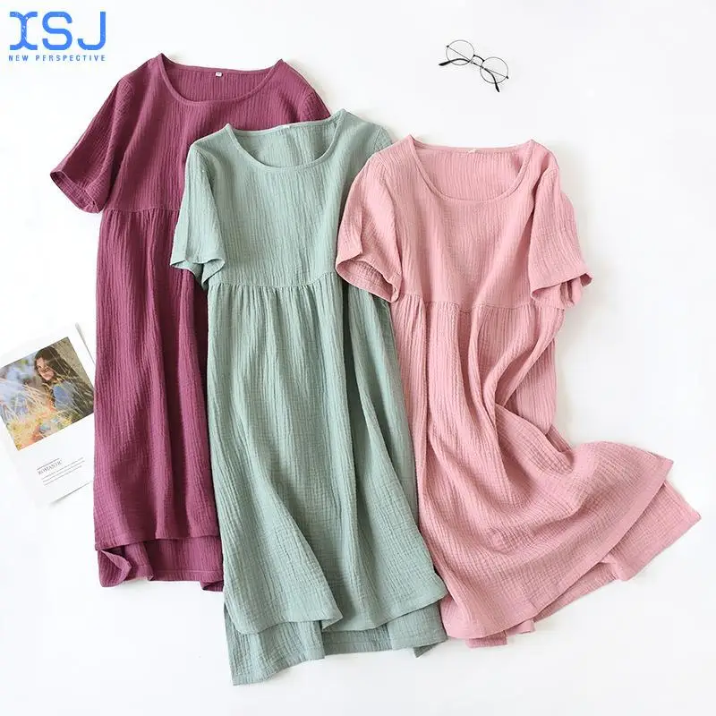 

Summer Sleepshirts Comfortable Solid Color Cotton Gauze Long Skirt Home Nightgowns Women's Round Neck Nightdress Thin Section