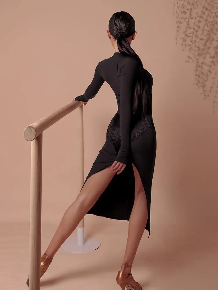 ZYMdancestyle The Curve Fringes Maxi Dress #2046H ZYM tassel dress Rumba long sleeves for professional latin dancer | Тематическая