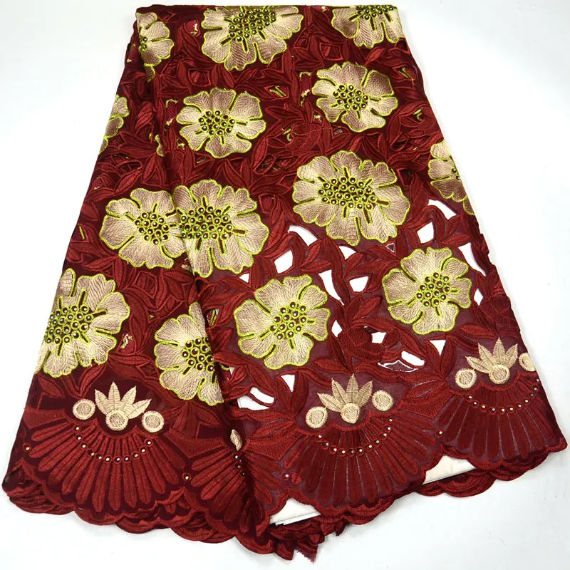 

5 Yards Fashionable Handcut African Dry Cotton Lace Most Popular Swiss Voile Lace Fabric With Stones