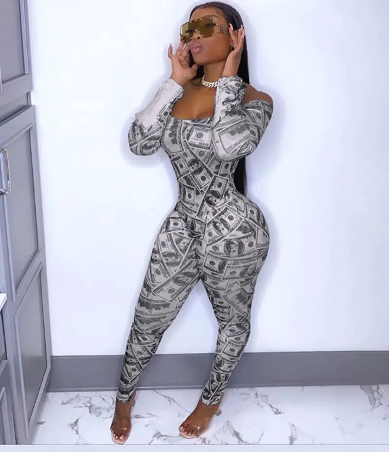 

Модный облегающий комбинезон TNNAOFF с принтом денег для женщин с длинным рукавом без бретелек сексуальный цельный клубный костюм комбинезон