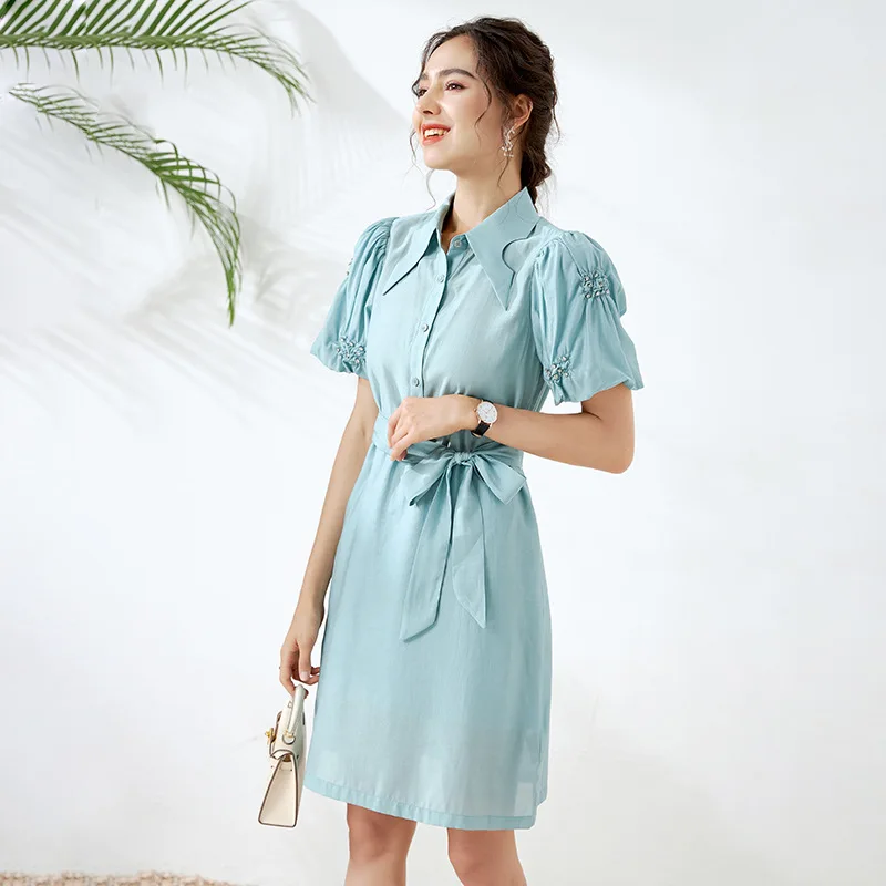 

Summer Blue Rhinestone Dress Puff Sleeves White Single Breasted Belt Midi Straight Dress Black Viscose Casual Dresses Women 2021