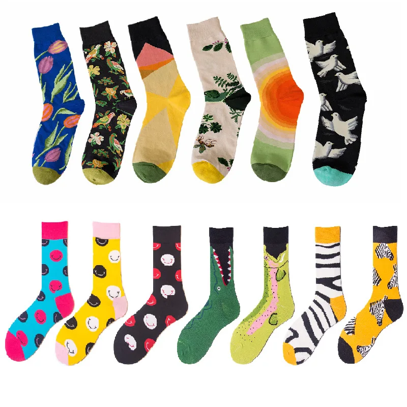 

2020 Tide Brand New Socks Personality Graffiti Contrast Color Series Flower And Bird Figure Cotton Socks Men's Stockings