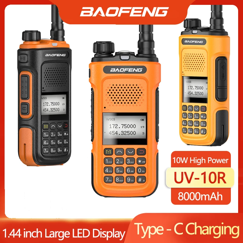 

2021 New Baofeng UV-10R Walkie Talkie 10W 8000mAh Dual band Transceiver 136-174&400-520MHz Ham Radios Type C Charger