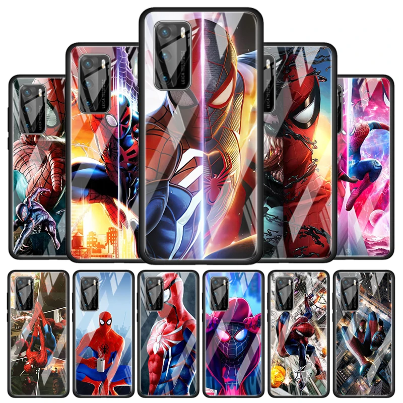 

Marvel Spiderman Art for Huawei P40 P30 Pro Plus P20 P10 Lite P Smart Z 2021 2020 2019 Luxury Tempered Glass Phone Case
