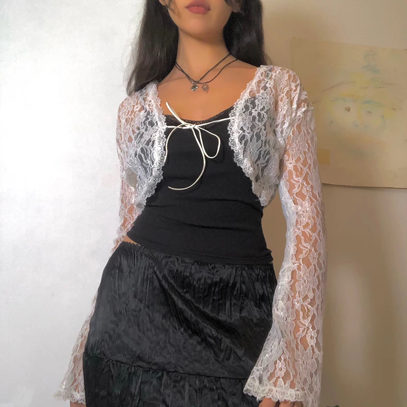 

Design y2k Tie Up Lace Cardigans Crop Tops Aesthetic Floral White T-Shirts Women Long Sleeve Slim Fit Tees Grunge Clothes Shirt