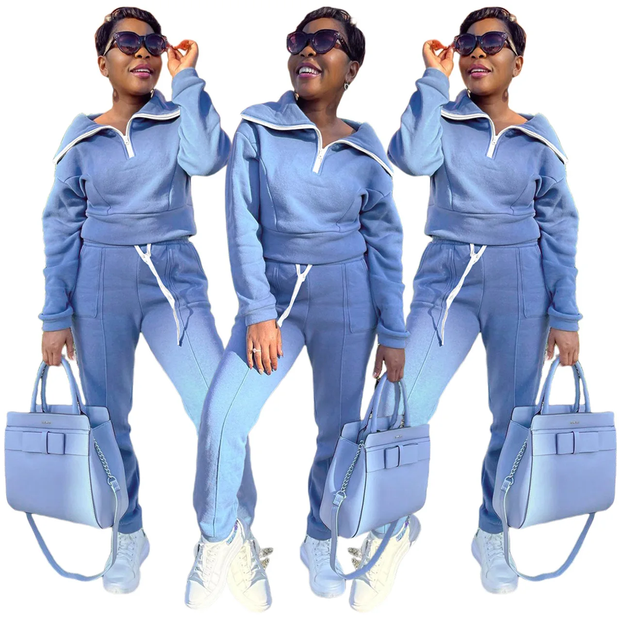 

Women Solid Color Thick Sports Suit Two-Piece Winter Keep Warm Outdoor Fitness Plus Size Casual Jogging Zipper Top Sweatpants