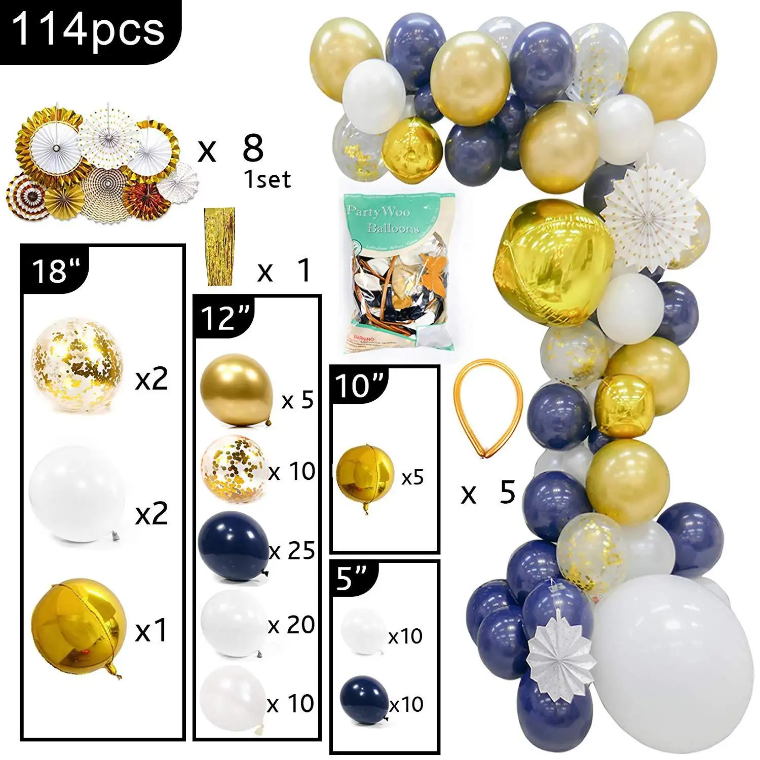 

2021 Ink Blue Golden Balloon Garland 114 Sets 8 Paper Fan Golden Tassel Paper Scrap Balloon 4D Aluminum Foil Golden Balloon