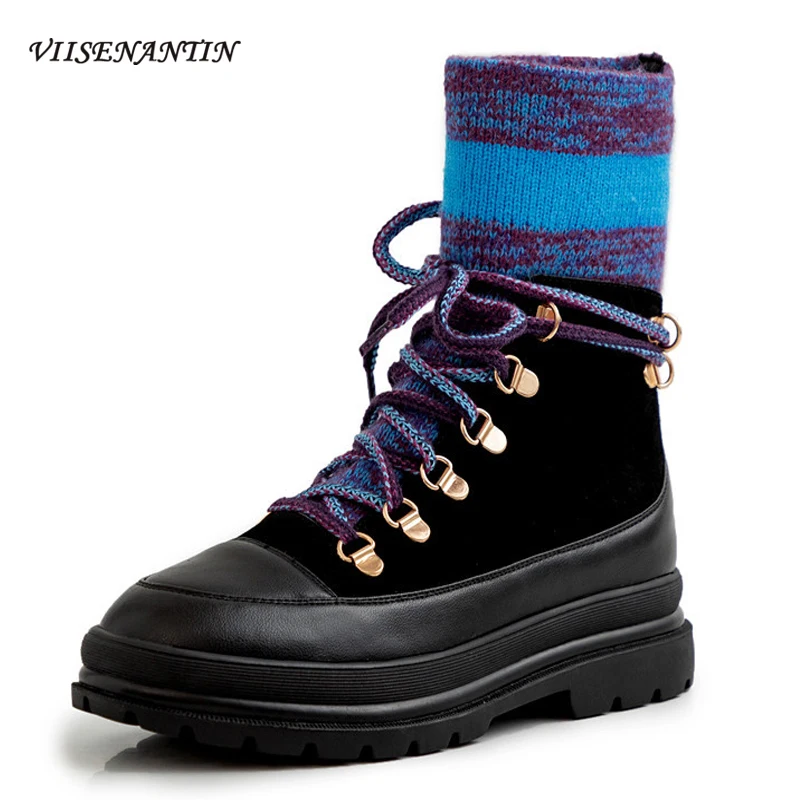 Murah Multi Warna Fashion Musim Dingin Wol Sepatu Mewah Tampan Inggris Kulit Sol Karet Elastis All-Match Velvet Pendek Kaus Kaki Sepatu Bot Wanita