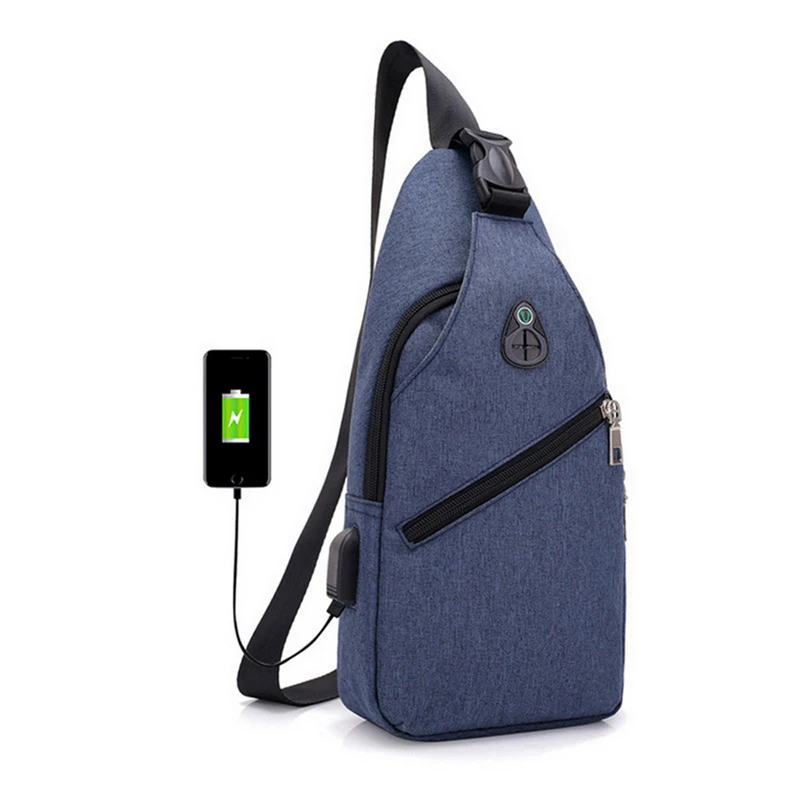 blue Men's Fashion New Crossbody Outdoor Travel Shoulder Bags Waterproof Chest Bags with Headphone Hole and USB Charging Port - Цвет: blue