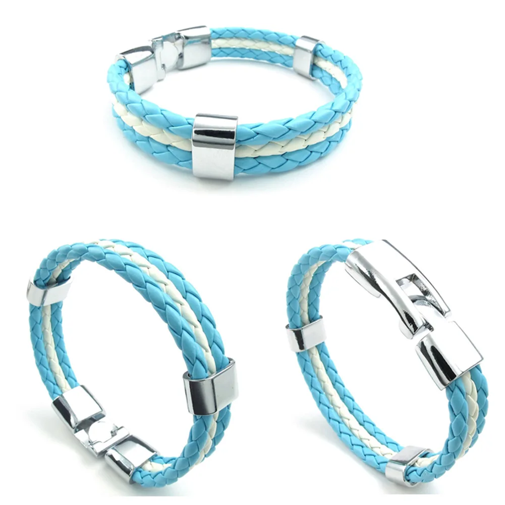 

Blue Leather Bracelet White Flag of Argentina Alloy Bracelet Braided Bracelet length 21.5 cm, with a Velvet Pouch
