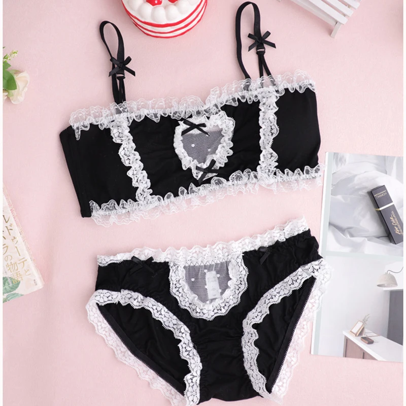 

Женское нижнее белье Jpanese Kawaii Косплей горничная бюстгальтер трусы комплект кружевной вырез сексуальное Эротическое белье женское удобное ...