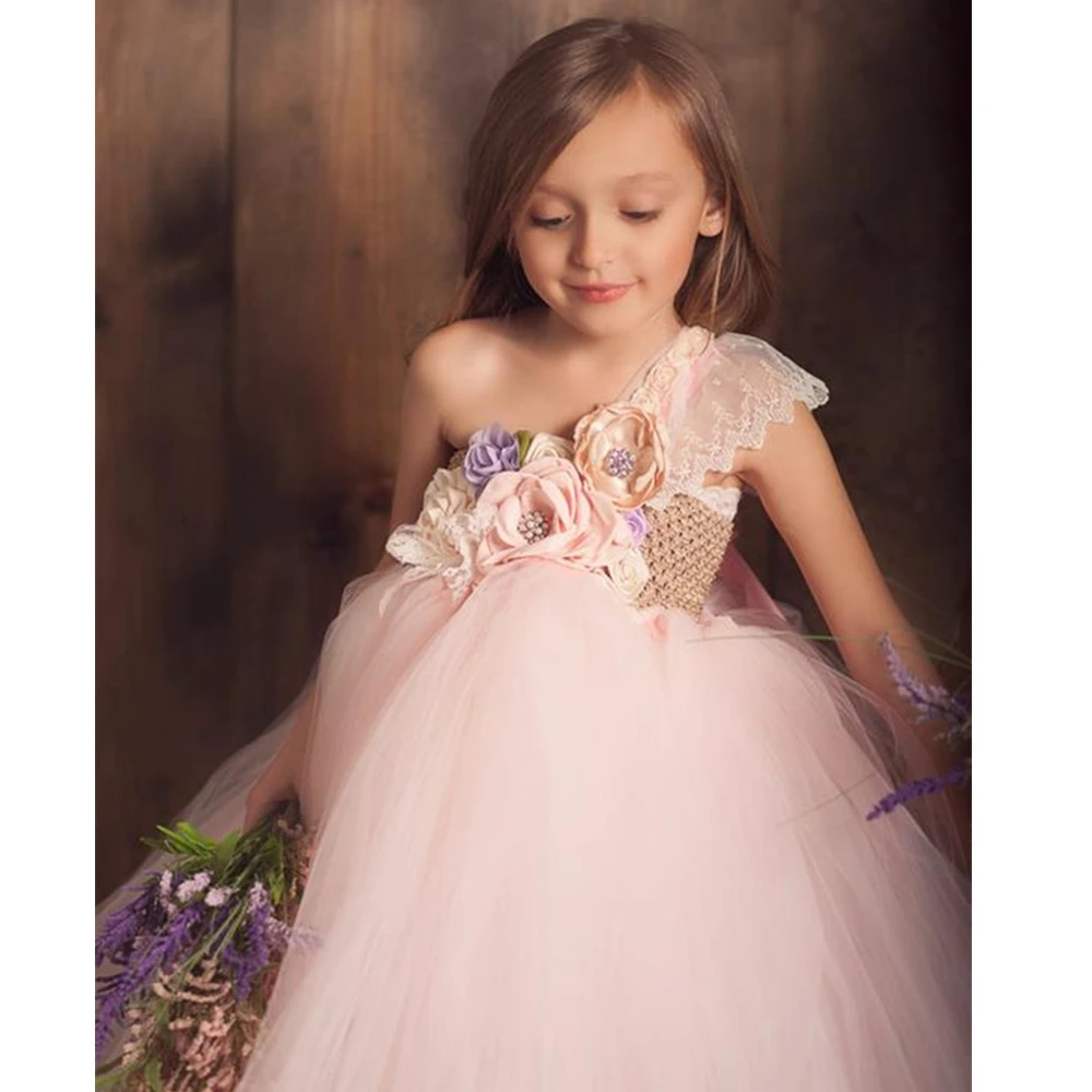 Бежевое сиреневое розовое платье-пачка с цветами для девочек кружевное бальное