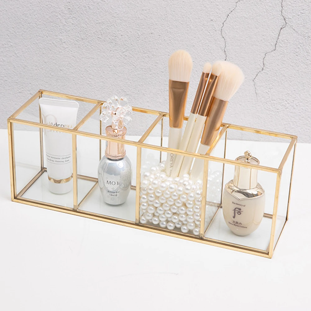 

Hot Sale Nordic Transparent Painting Grid Glass Storage Tank Box Luxury Modern Cosmetics Storage Container Makeup Brush Storage