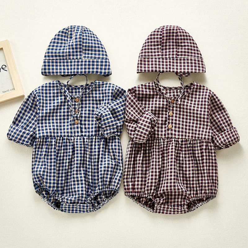 

Spring Baby Girl Bodysuits New Korean Baby Boys Plaid Long Sleeve Hardcover Cotton One-piece Creeper With Hat