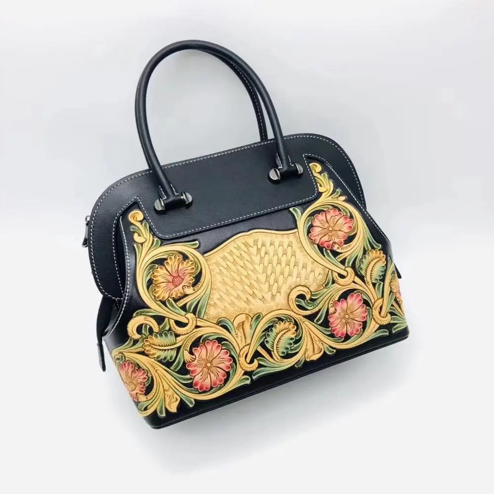 Сумка женская винтажная из натуральной коровьей кожи с гравировкой зеленого