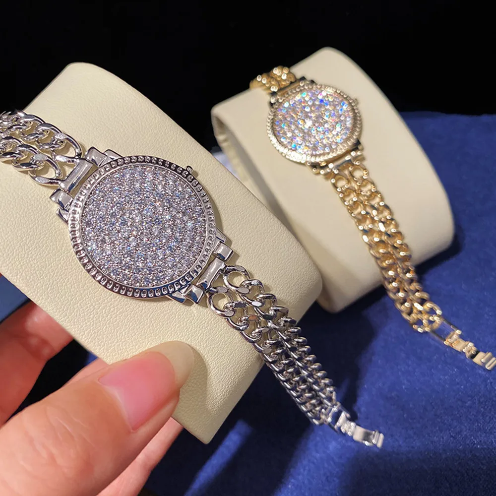 

Creative Luxury Full Rhinestone Round Watch Shape Charm Bracelet Hand Jewelry for Women Bling Double Row Chain Buckle Bracelets