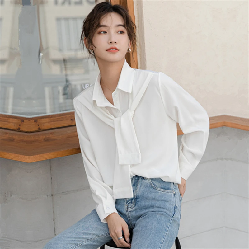 

One Piece Polo Neck Shirts For Women Chiffon Loose Long Sleeve Elegant Blouse Single Breasted Simple Casual Tops Spring 9823
