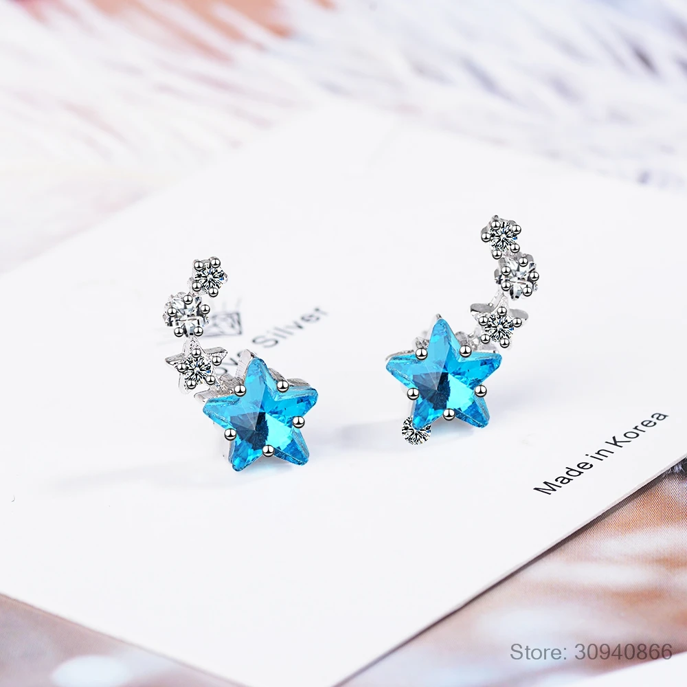 Модный Голубой цирконий звезда 925 стерлингового серебра серьги-гвоздики для